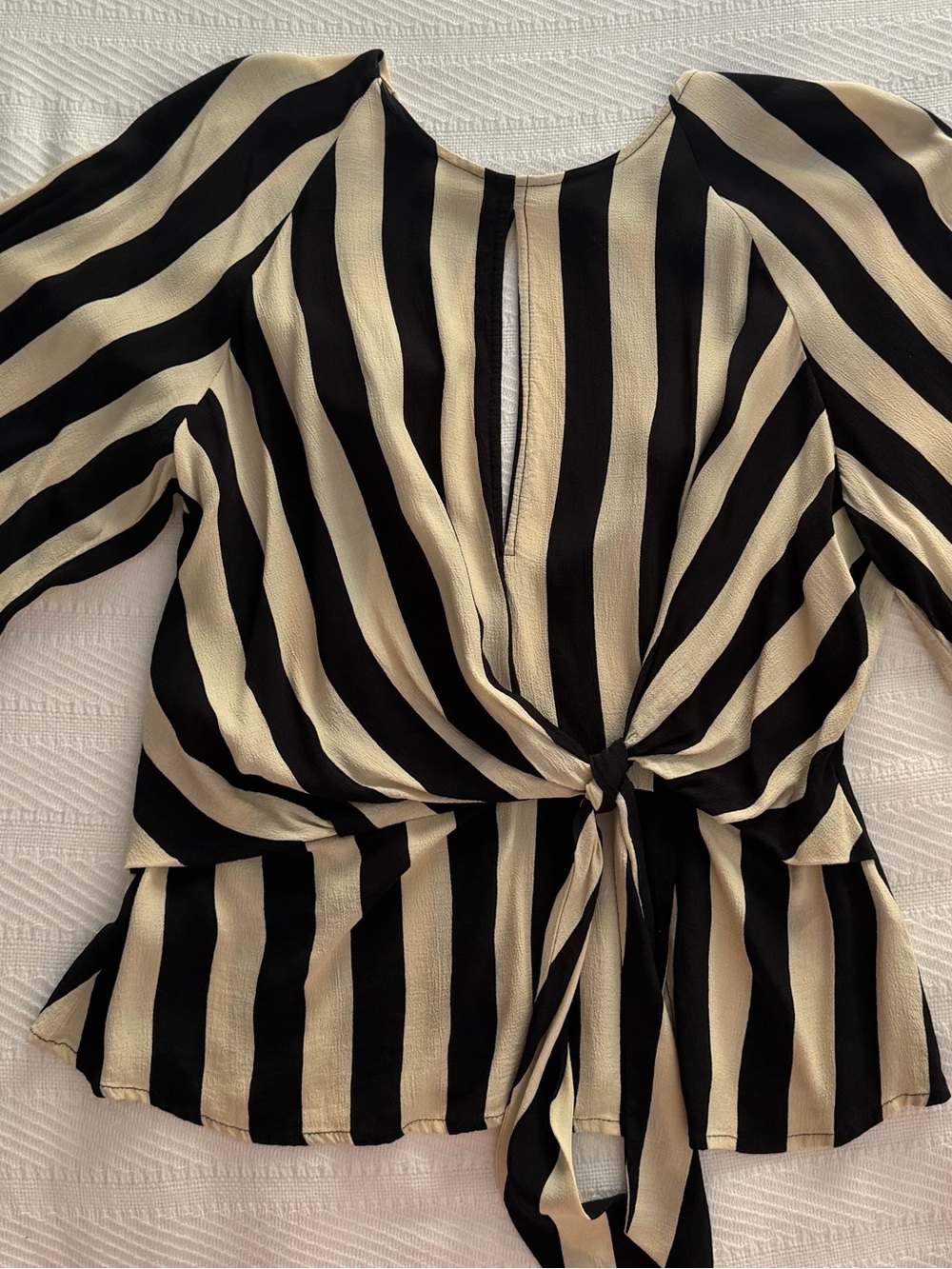 Topshop Striped Tie Front Blouse | Black Cream Keyhole Back Top | US Size 8 - Picture 4 of 6